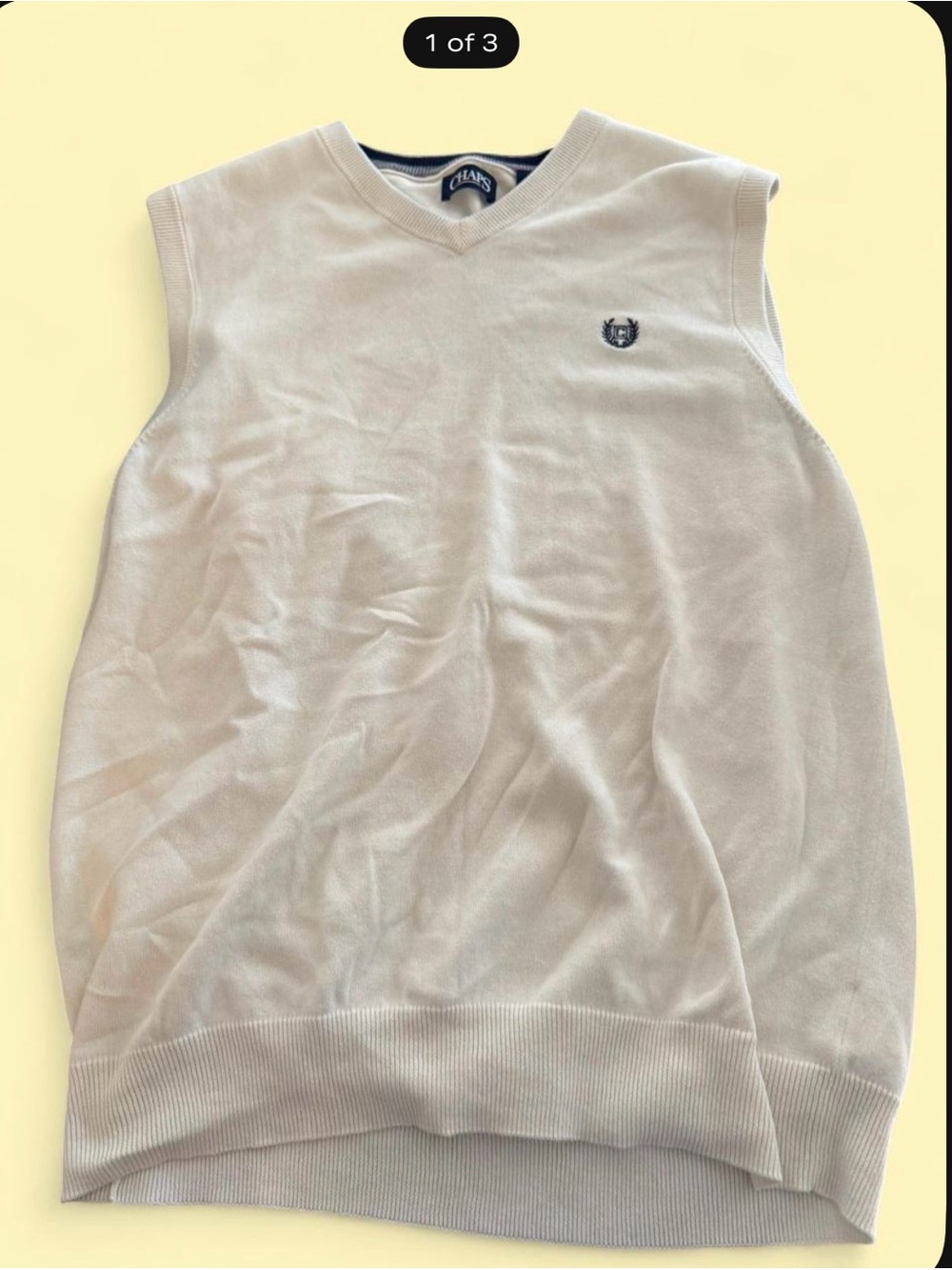 Chaps Men's V-Neck Sleeveless Sweater Vest in Light Beige with Navy Logo